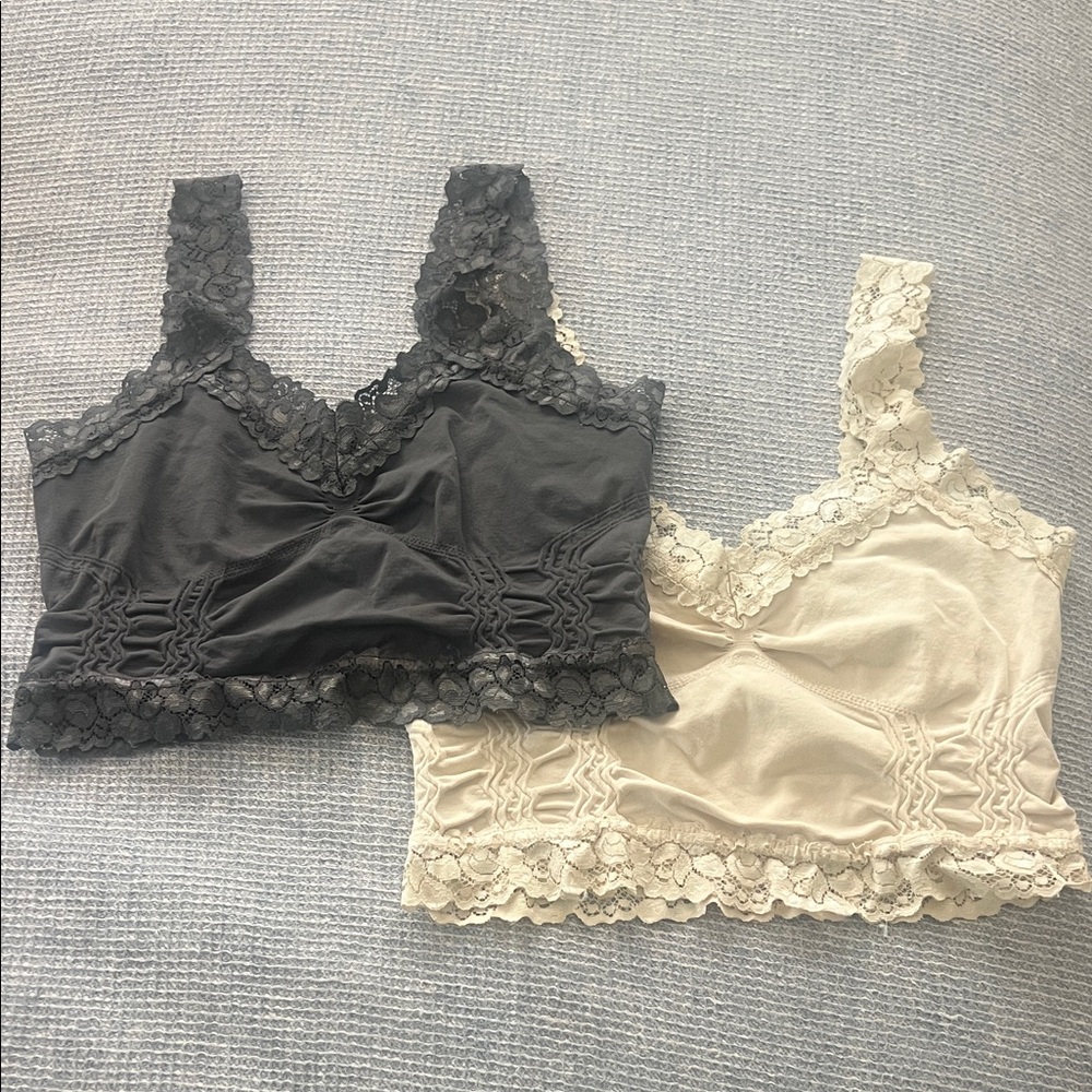 2 Lace Trim Bralette Set - Black and Cream